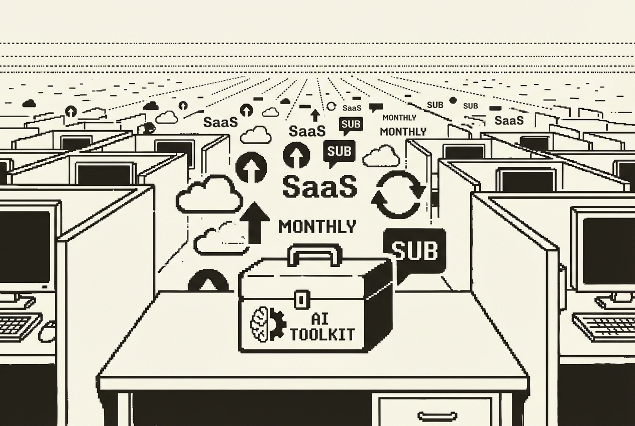 A sprawling landscape of SaaS subscription logos fading into the background, with a small, focused AI toolkit in the foreground