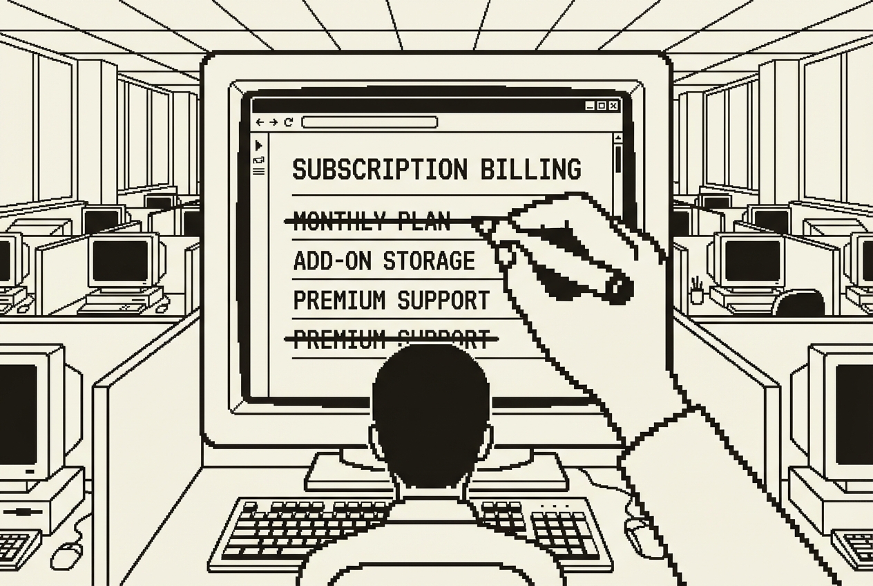 A billing page with subscription line items being crossed out one by one