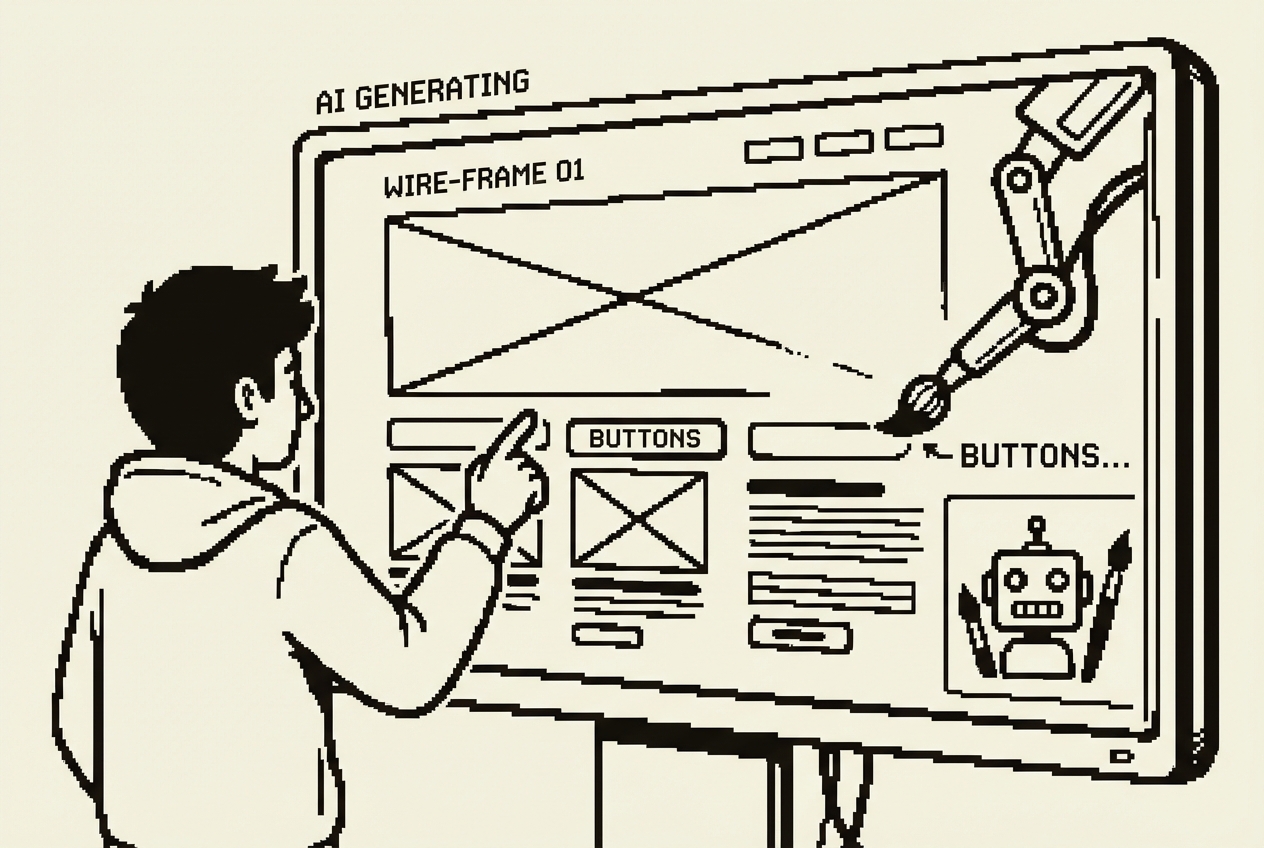 Person pointing at wireframe, AI drawing elements