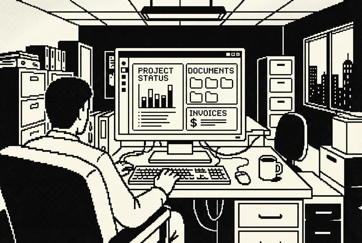 Clean client dashboard with project status, documents, and invoices