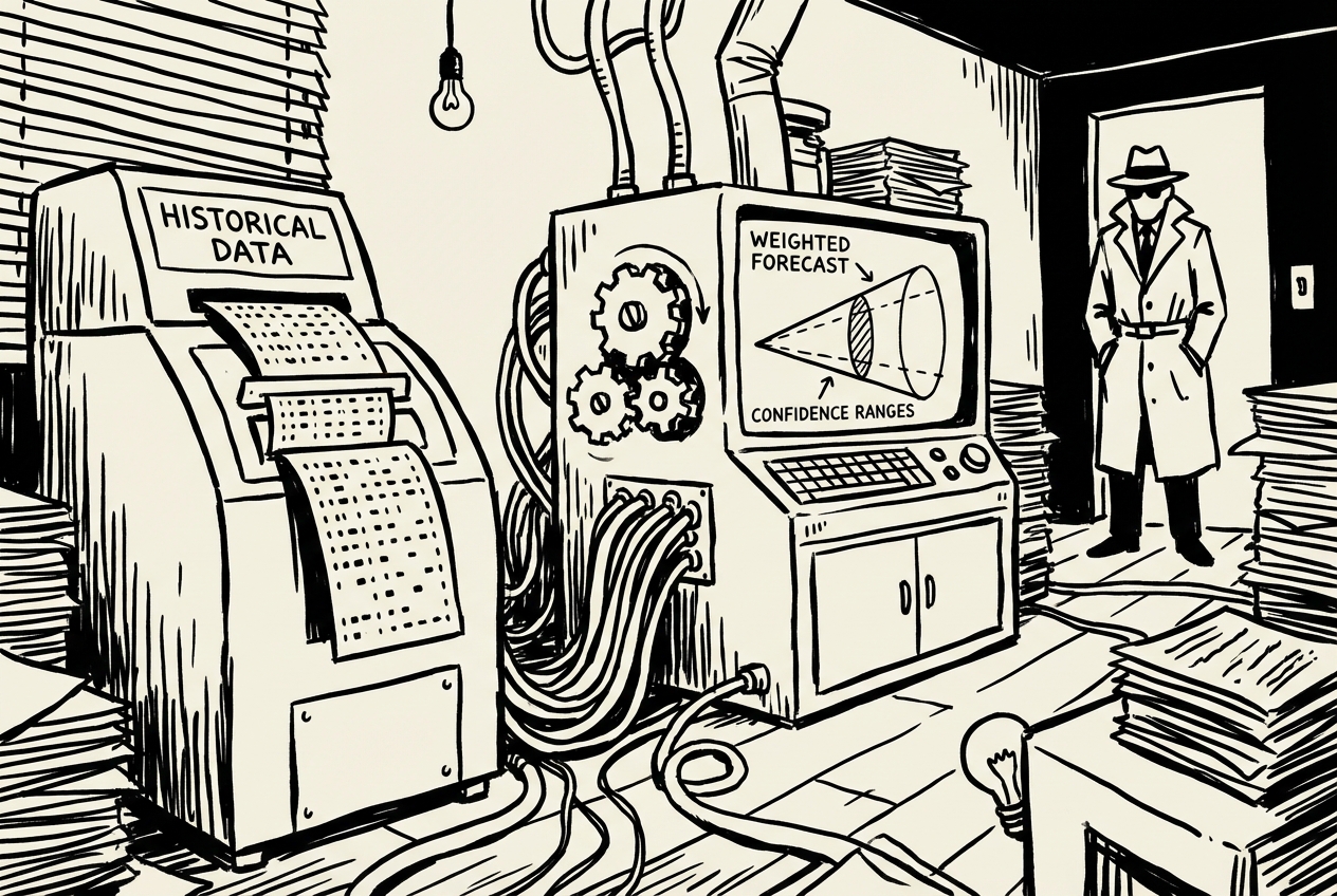 Historical conversion data feeding into a weighted forecast with confidence ranges