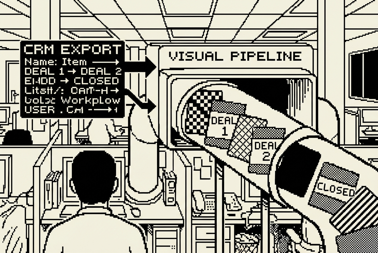 CRM export transforming into a visual pipeline with color-coded deal cards