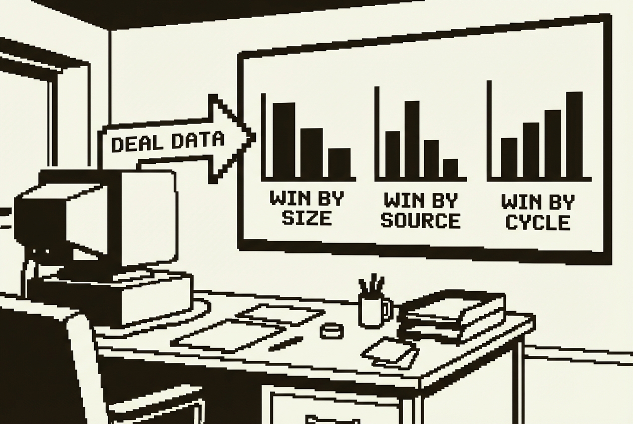 Deal data flowing into charts showing win rates by size, source, and cycle length