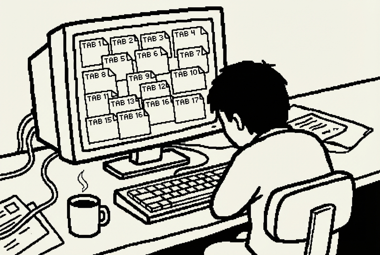 James at his desk, seventeen tabs open, cold coffee