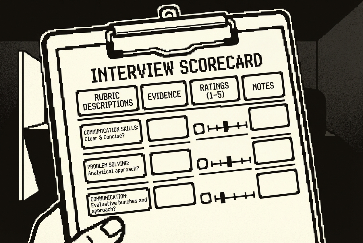 Structured interview scorecard with rubric descriptions and evidence fields