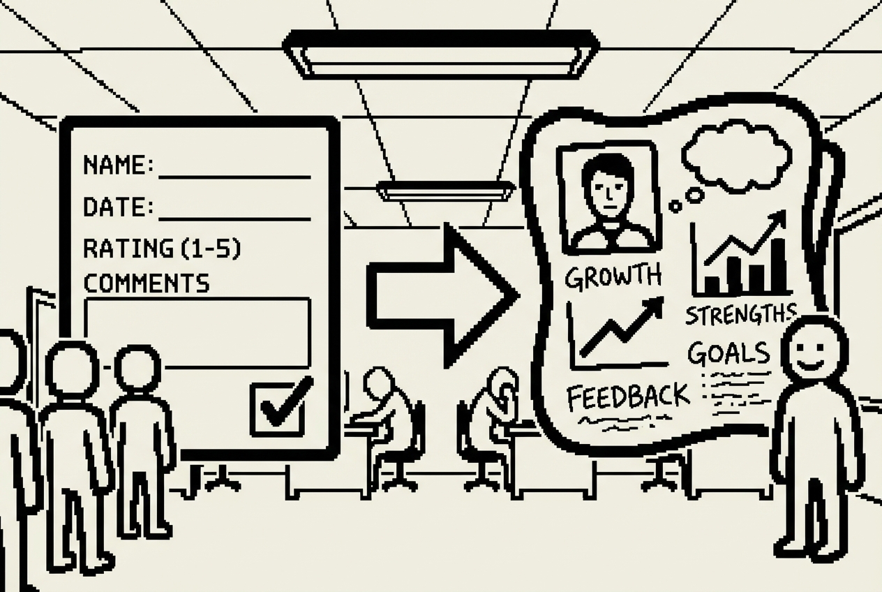 Generic review template transforming into personalized evaluation