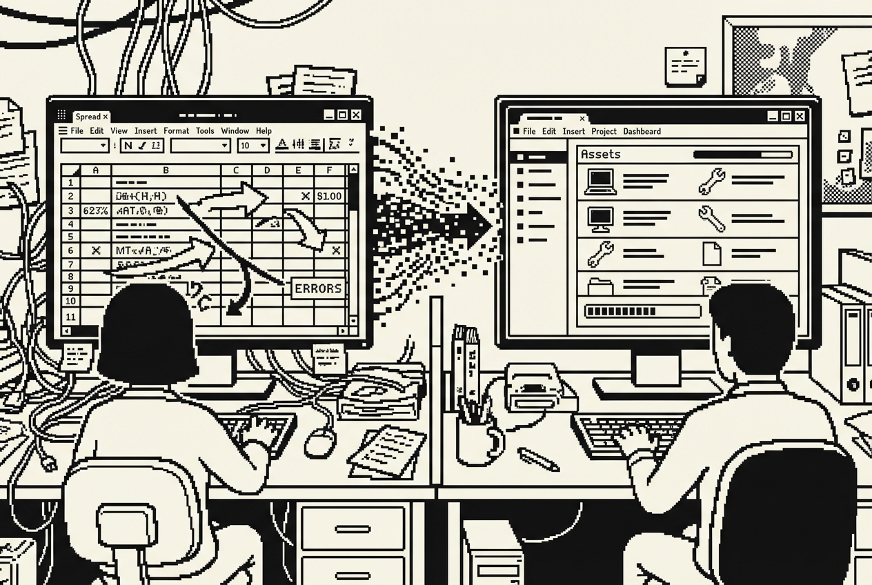 Messy spreadsheet transforming into a clean asset management dashboard
