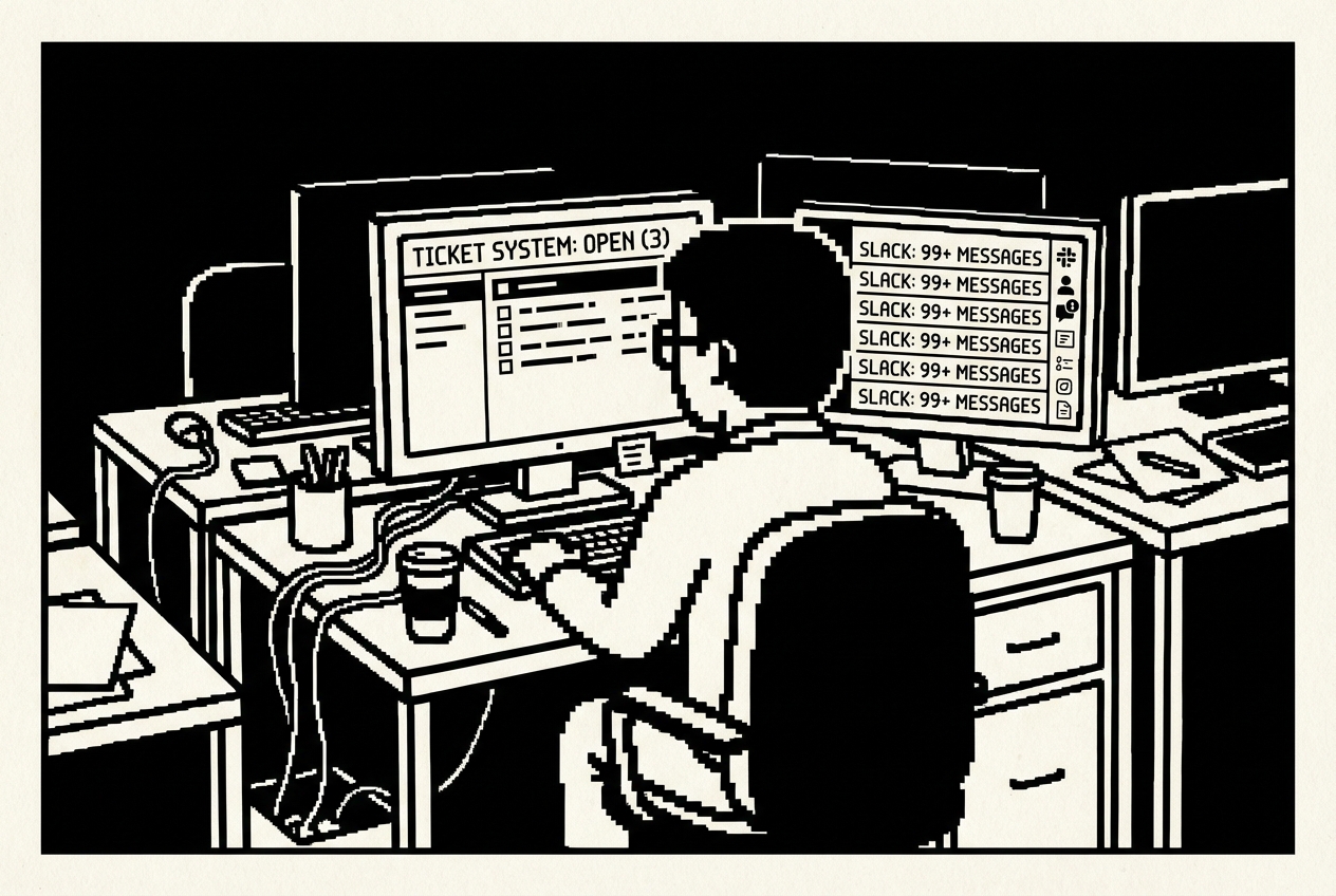 Raj at his desk, ticketing system open, Slack messages piling up