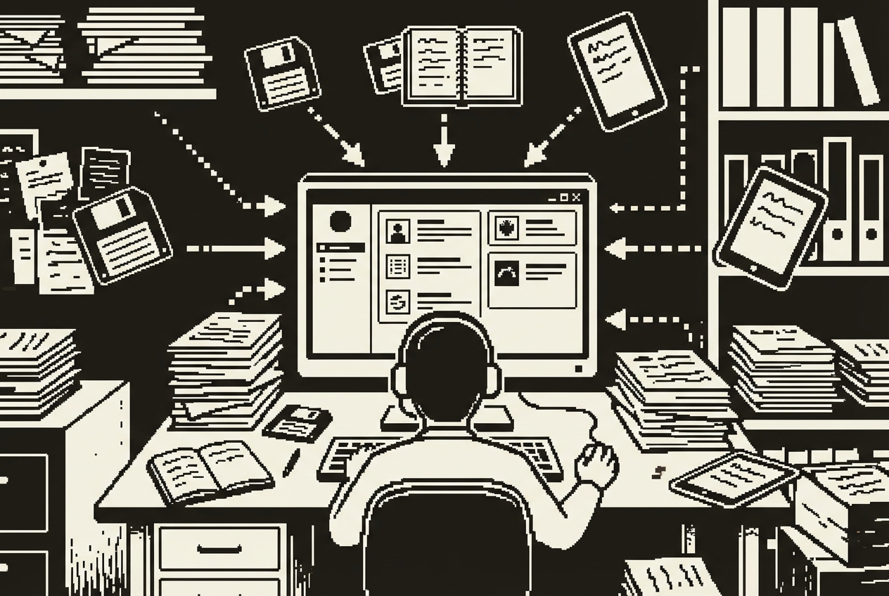 Scattered documentation across multiple platforms converging into one clean interface