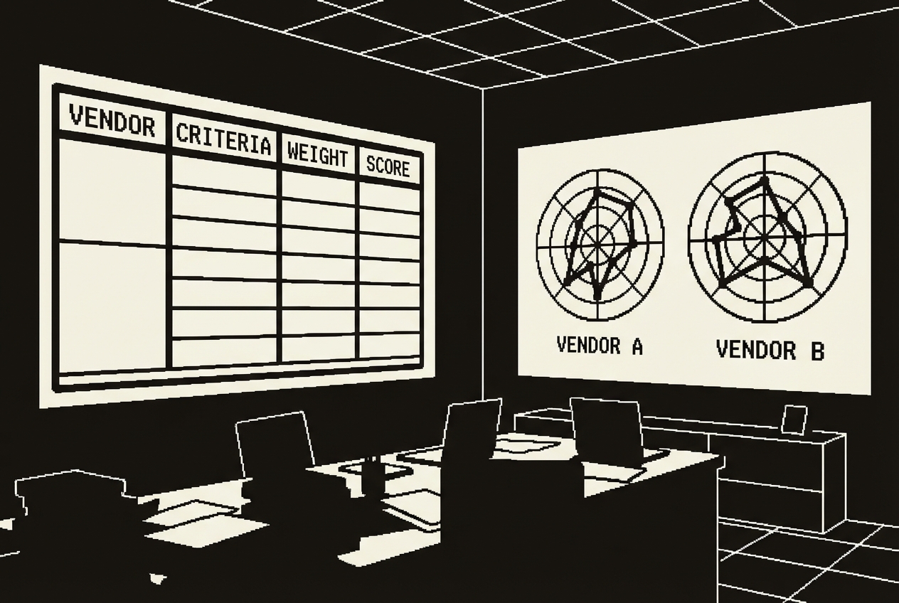 Weighted comparison matrix with radar charts replacing flat spreadsheets