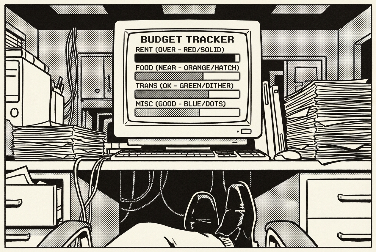 Budget dashboard with color-coded progress bars showing spending by category