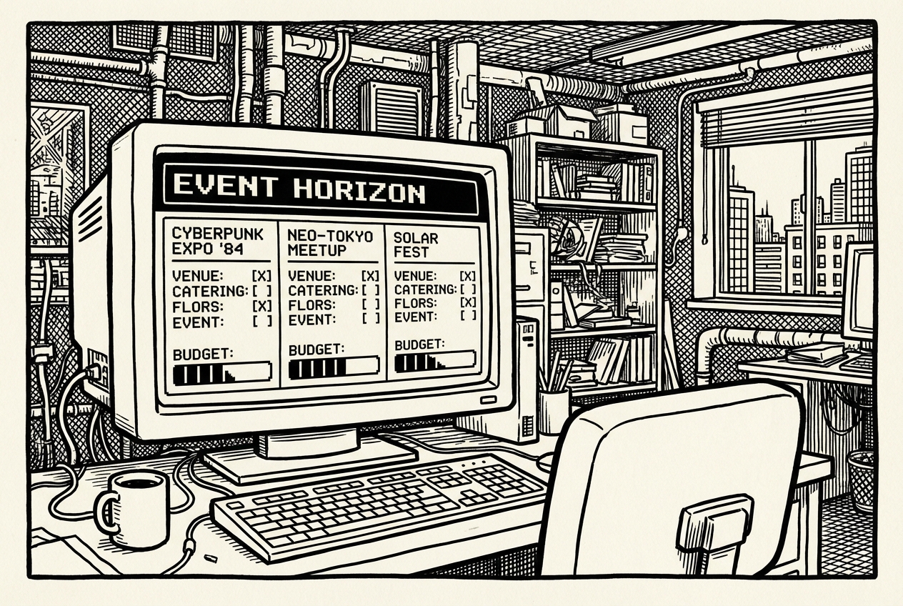 Event planning dashboard showing multiple events with task checklists and budget trackers