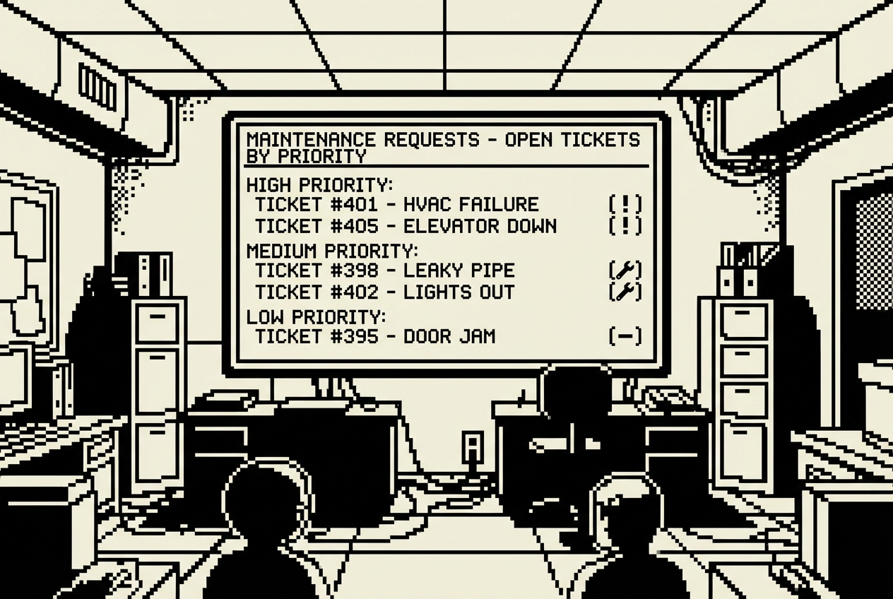 Maintenance request dashboard showing open tickets sorted by priority with status indicators