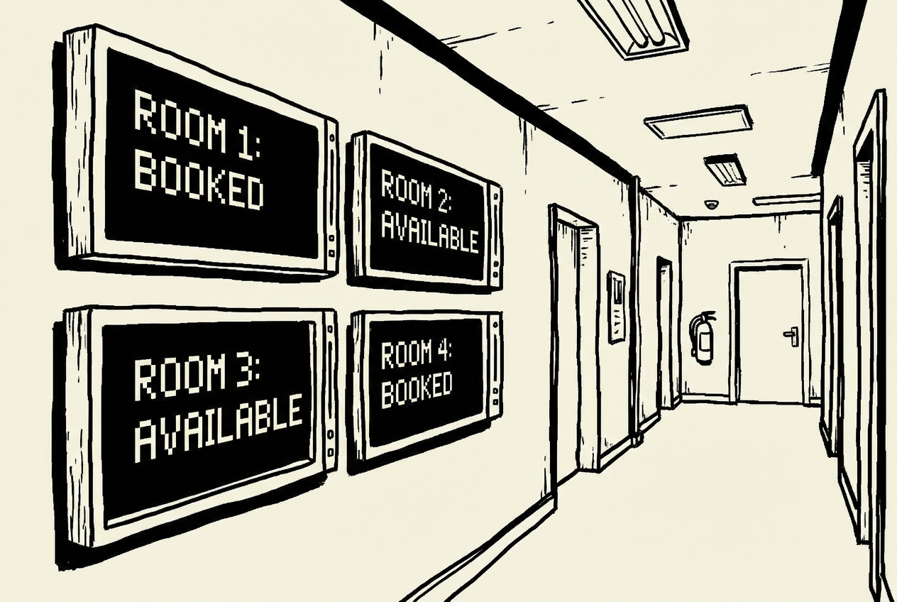 Four meeting room displays showing availability status in a hallway