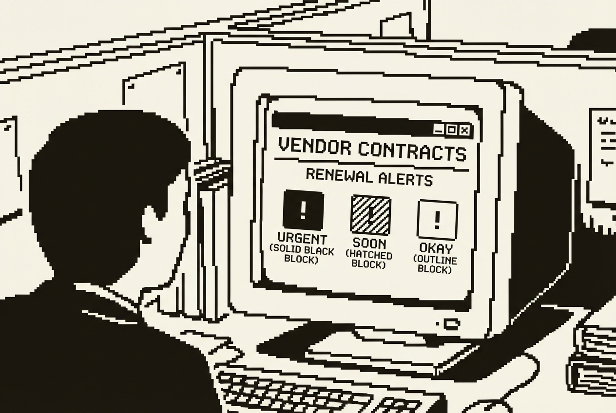Dashboard showing vendor contracts with renewal alerts color-coded by urgency