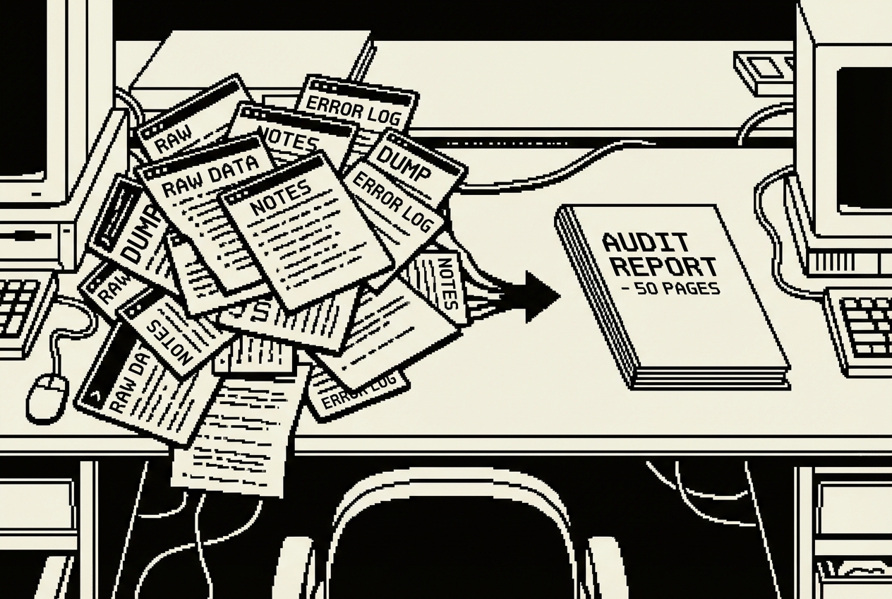 Raw terminal notes transforming into a polished 50-page audit report