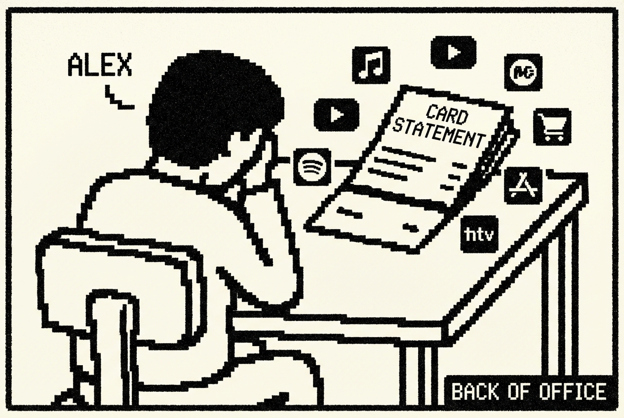 Alex at the kitchen table, credit card statement surrounded by subscription logos