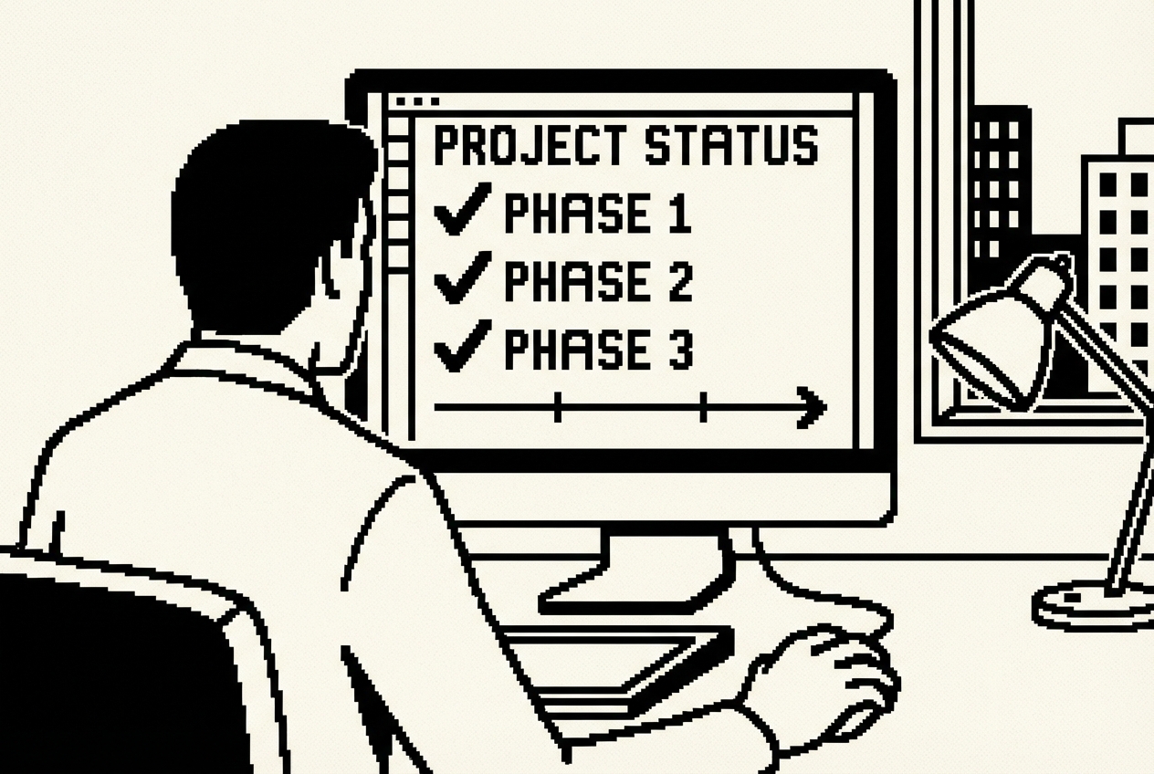 Client viewing a clean project status page with deliverable checkmarks and timeline
