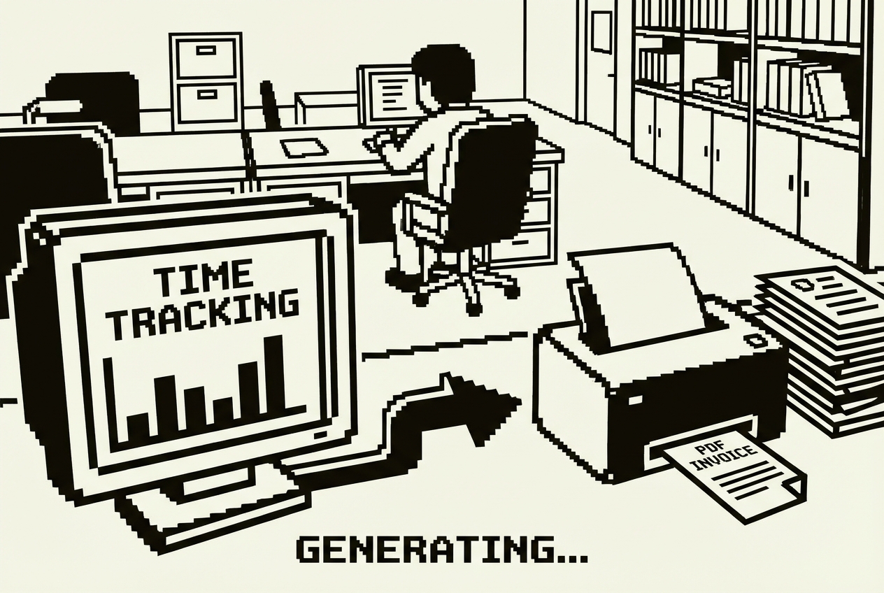 A clean invoice being generated from time tracking data, flowing from dashboard to PDF