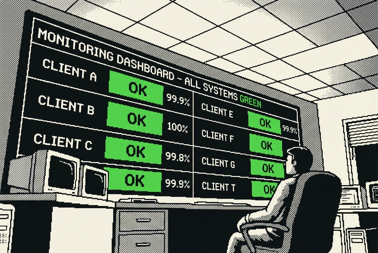 Monitoring dashboard showing green status indicators grouped by client, with uptime percentages