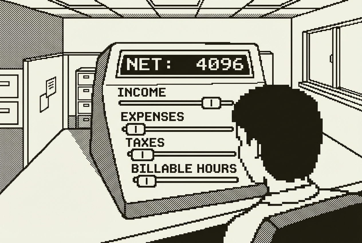 Interactive calculator with sliders for income, expenses, taxes, and billable hours