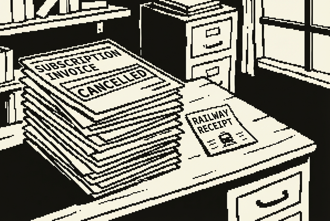Ten cancelled subscription invoices stacked next to a single small Railway receipt